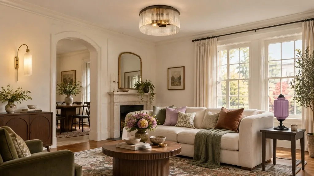 A living room with a ribbed glass ceiling light, a wall sconce and a table lamp
