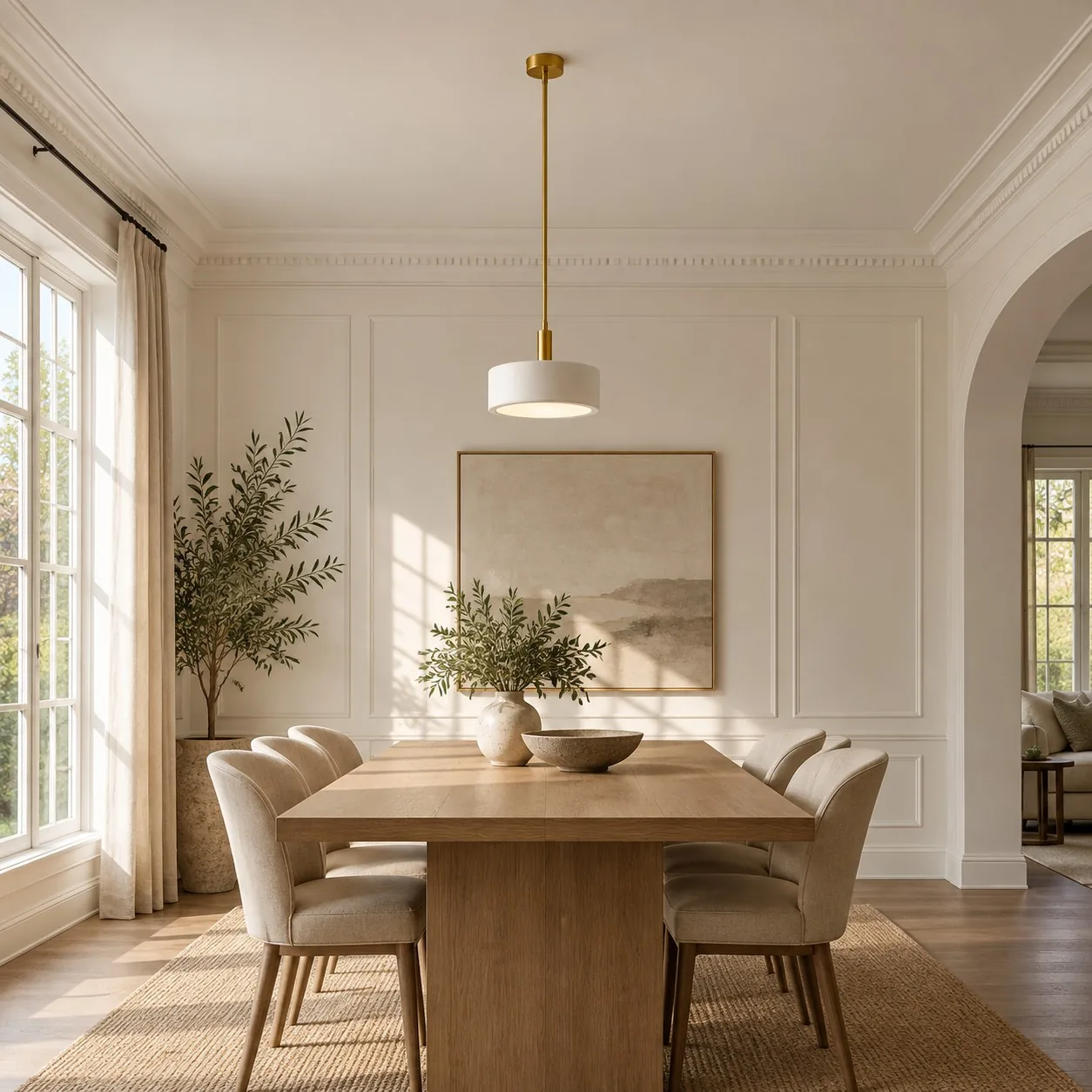A porcelain pendant lit above a dining table