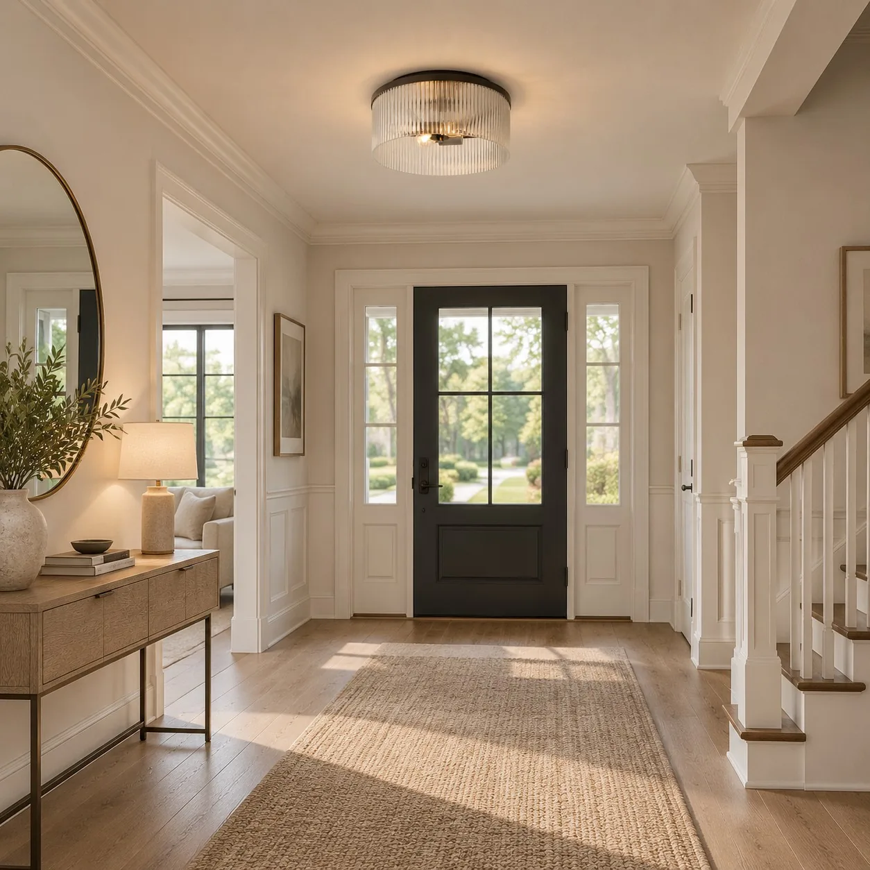 A ribbed glass ceiling light in an entryway
