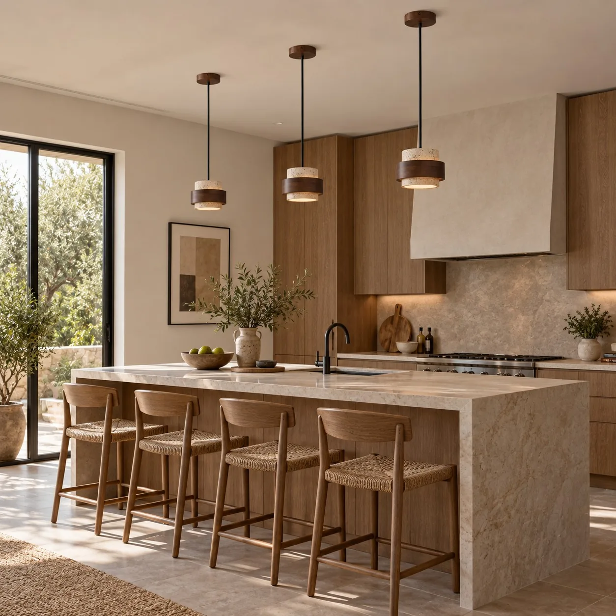 Travertine pendants above a kitchen island