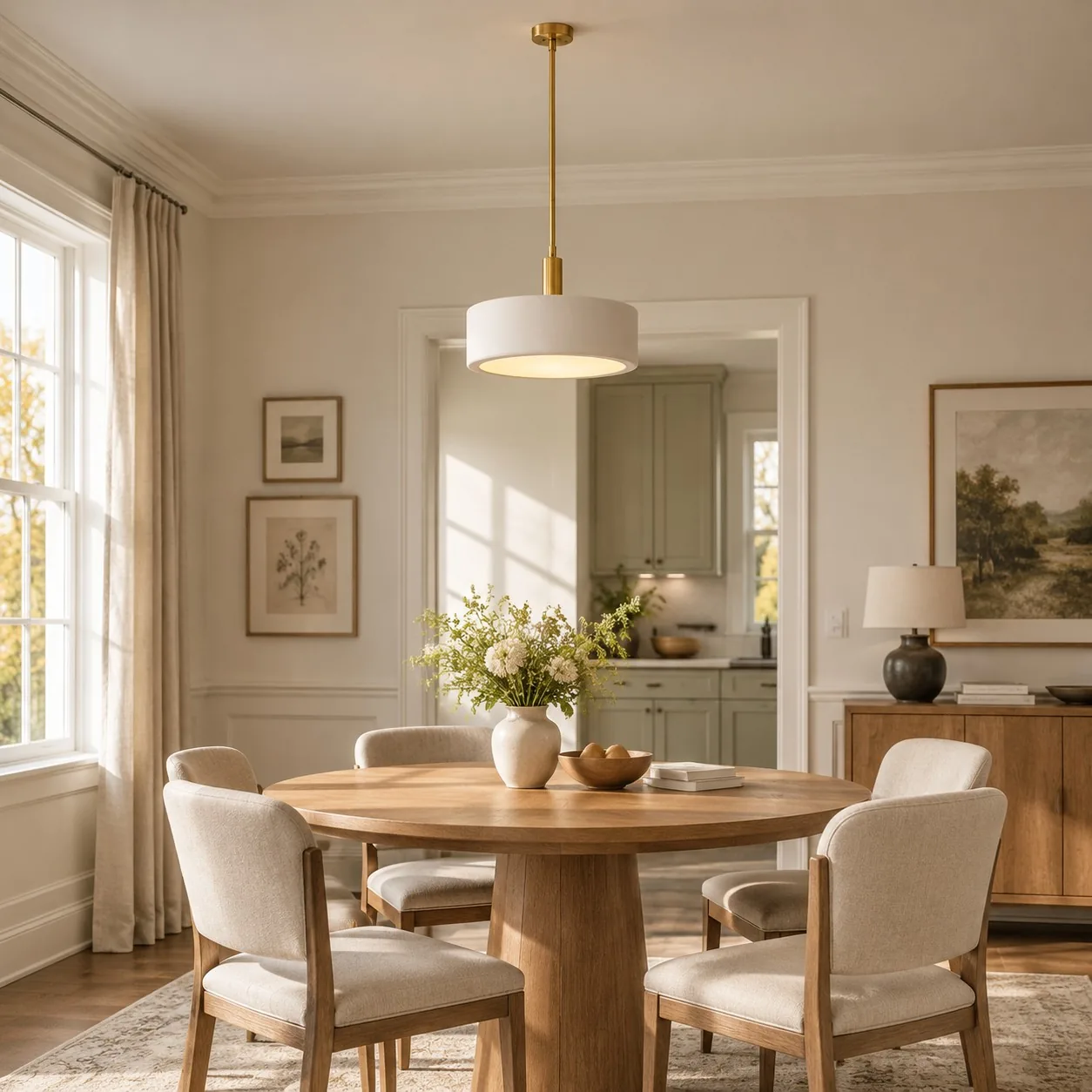 A porcelain pendant above a round dining table