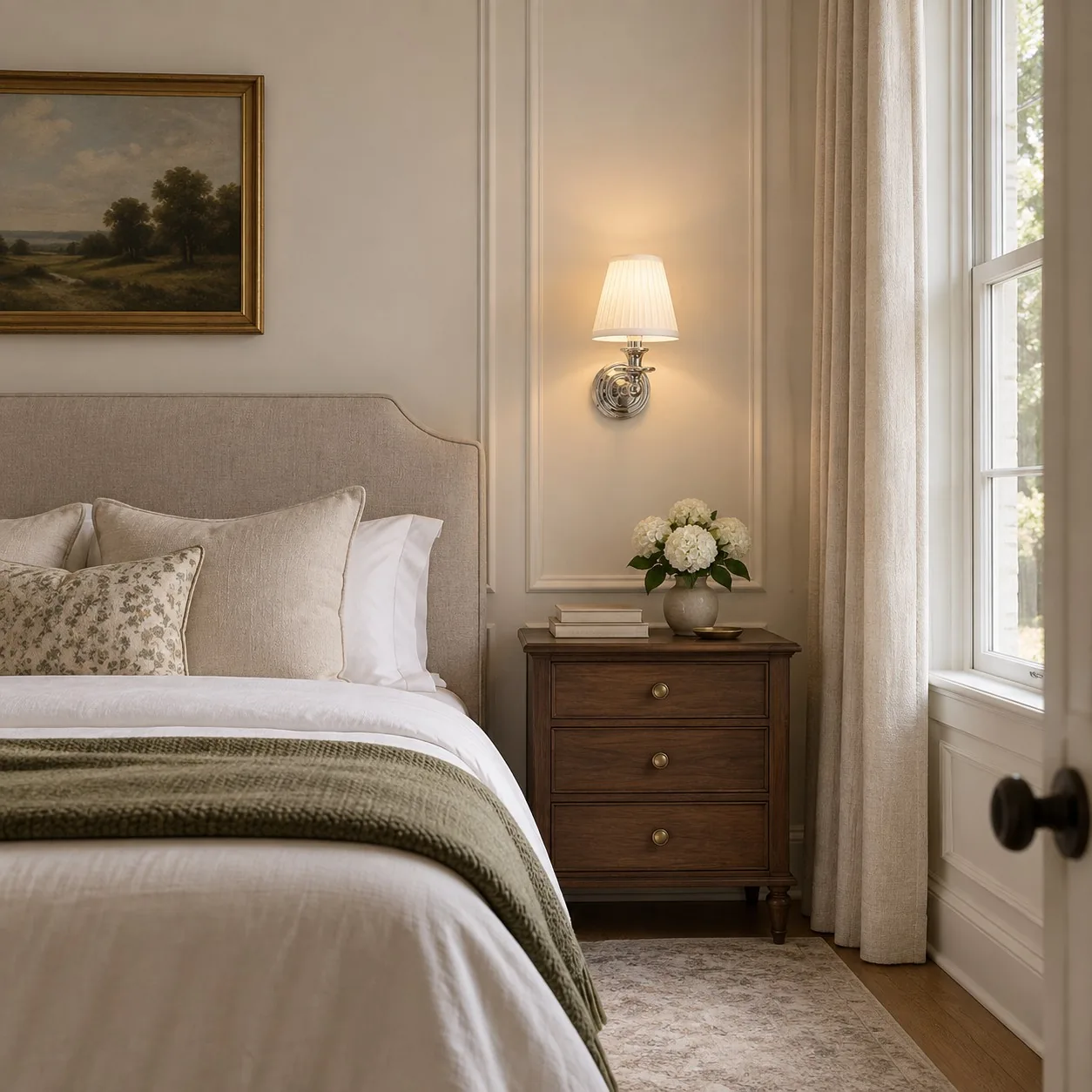 A pleated fabric sconce glowing beside a bed