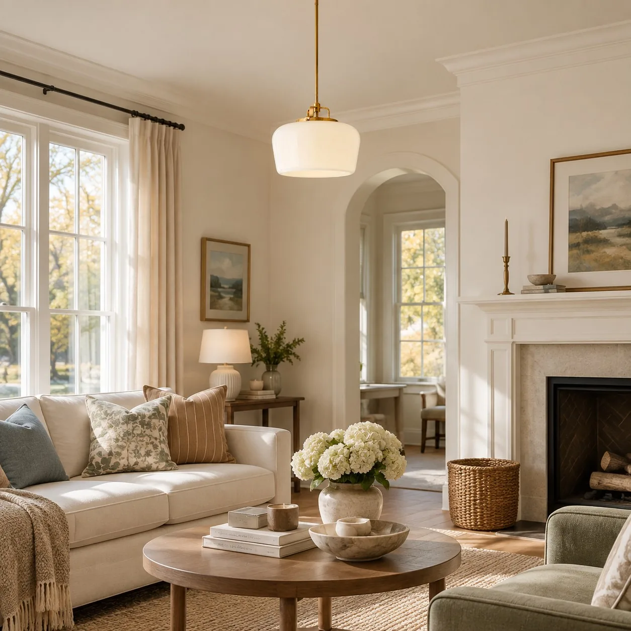 A milk glass pendant in a living room