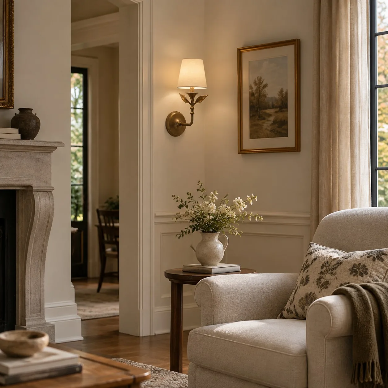 A linen sconce lighting a quiet corner