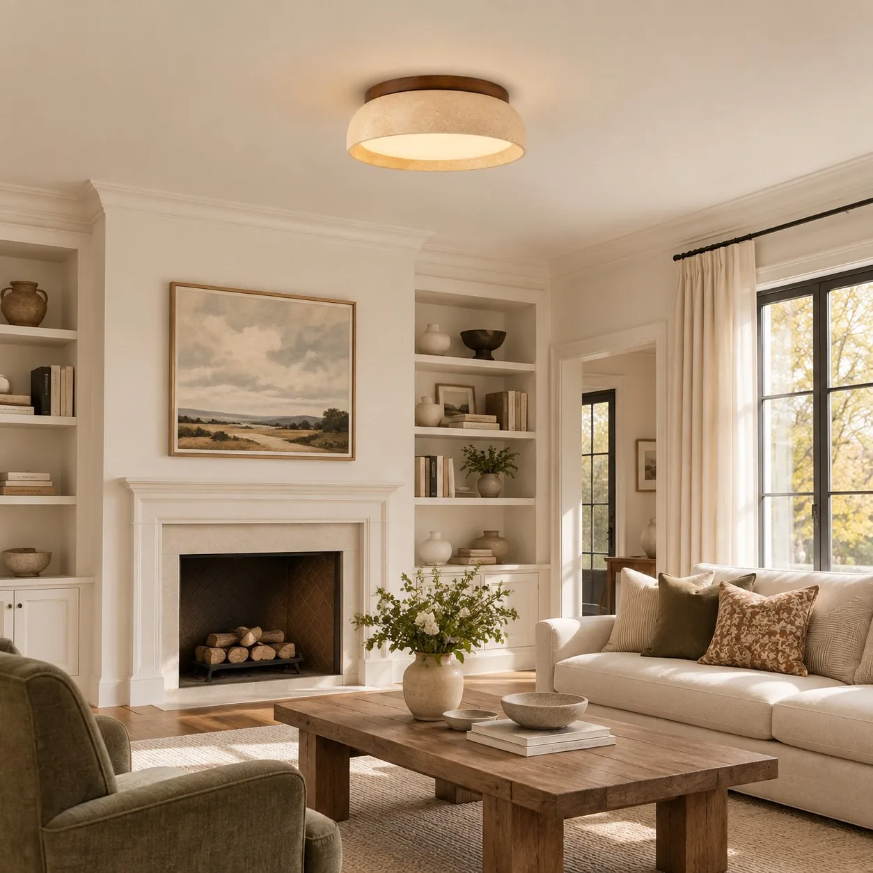 A stone flush mount in a living room