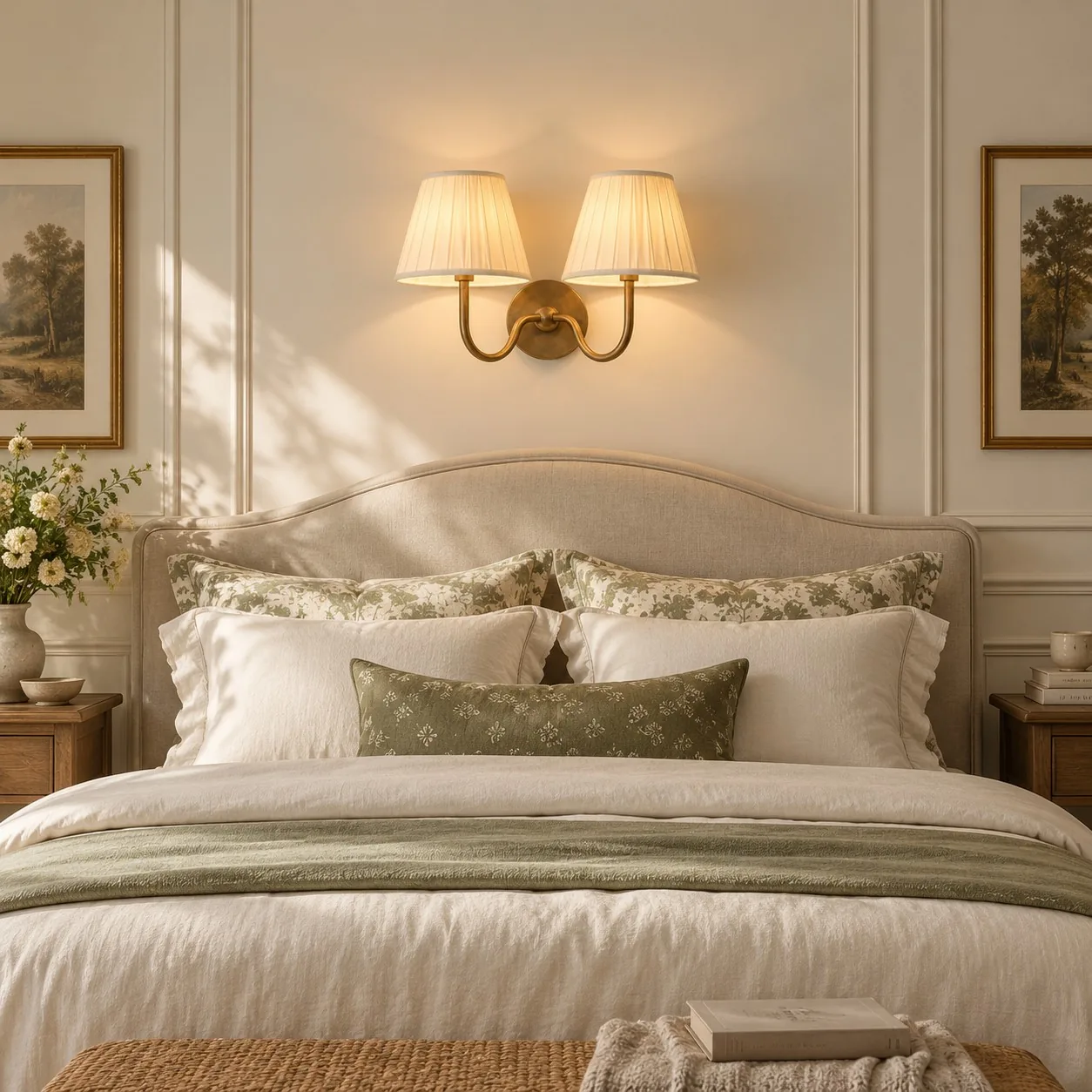 A double linen sconce above a bed