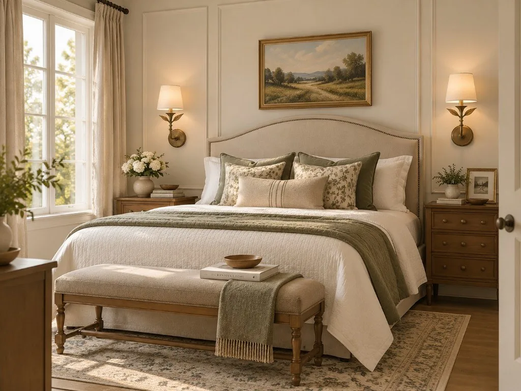 A linen wall sconce lit beside a bed