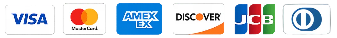 Visa, Mastercard, American Express, Discover, JCB and Diners Club