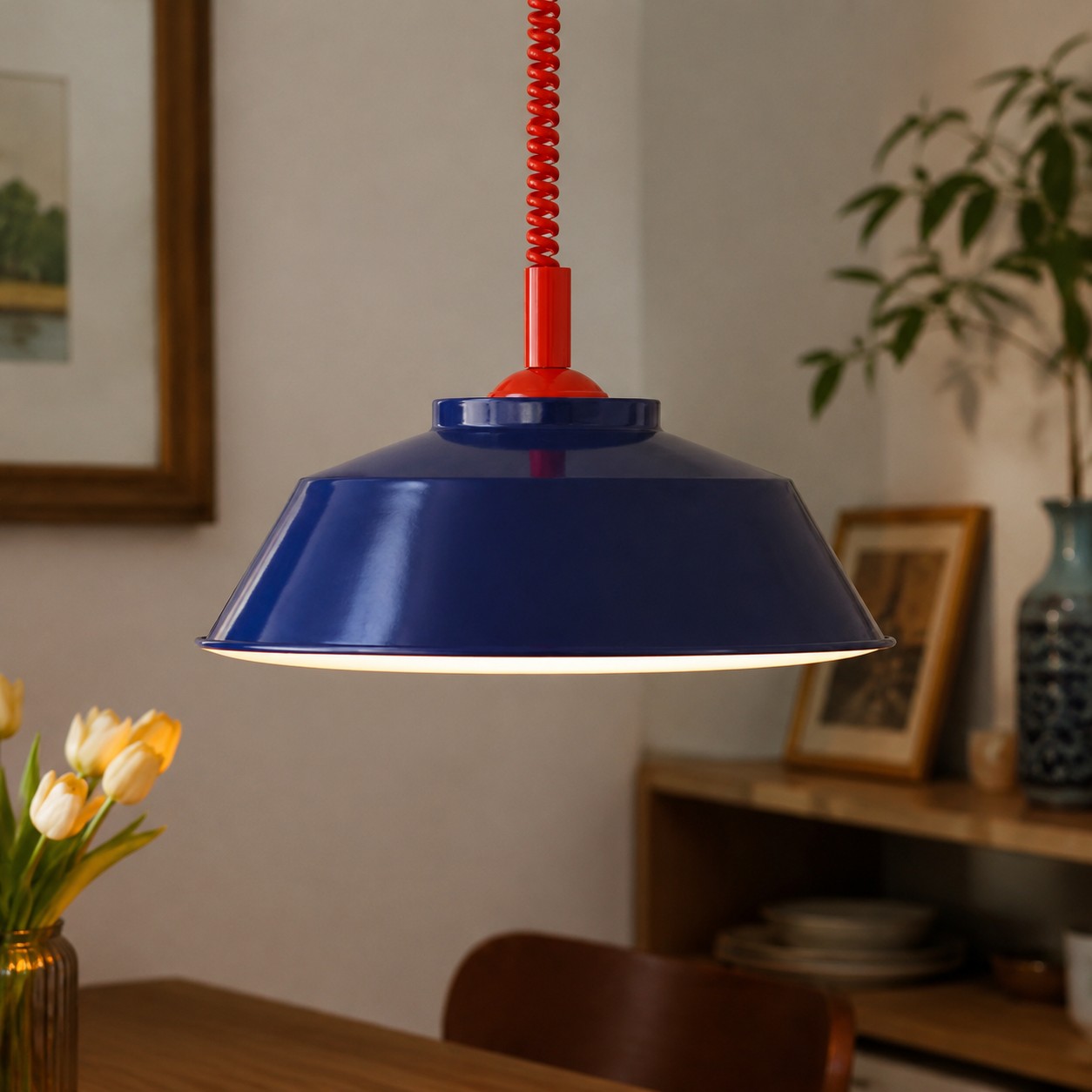 Memphis pull-down pendant in a dining space