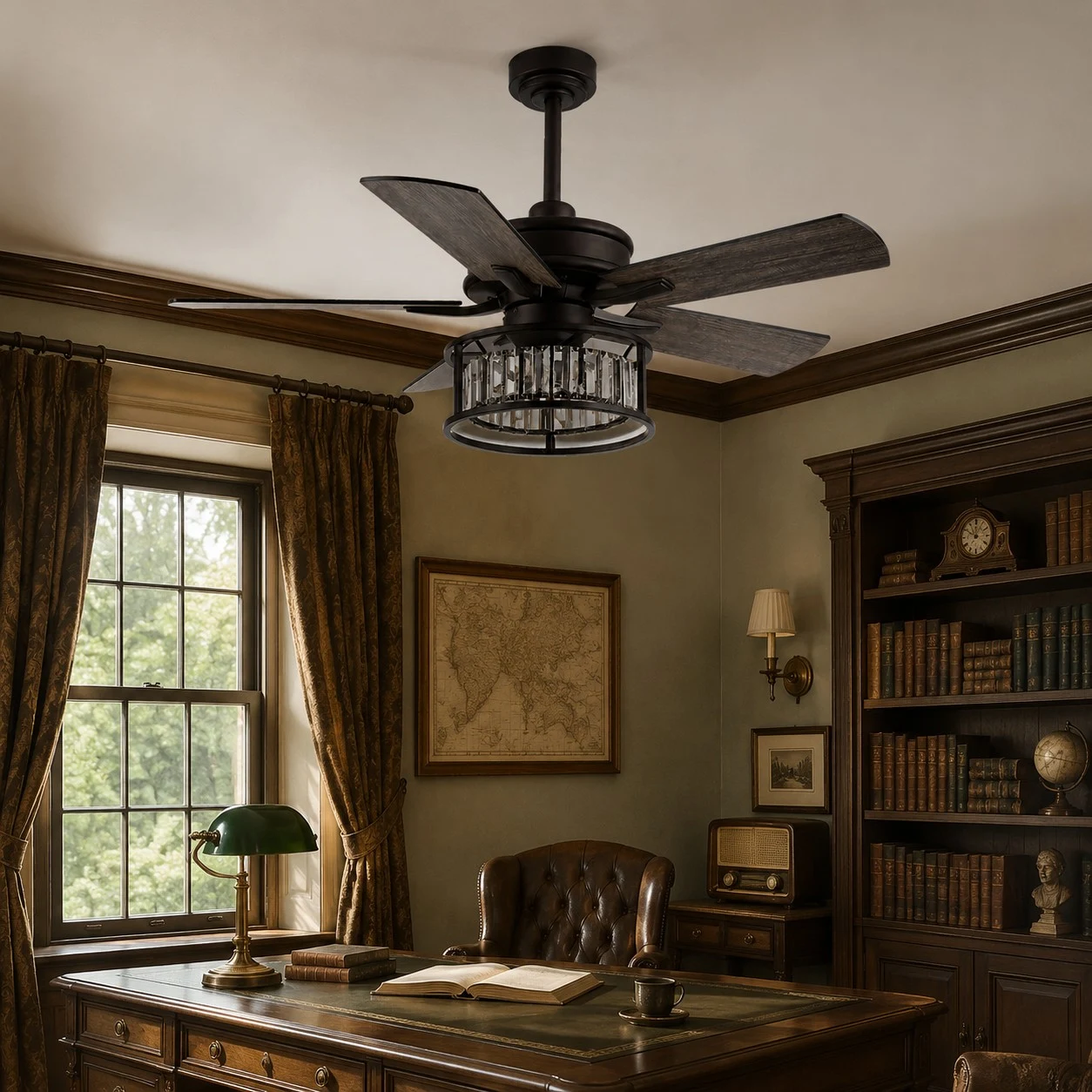 Black caged ceiling fan light installed in a classic room