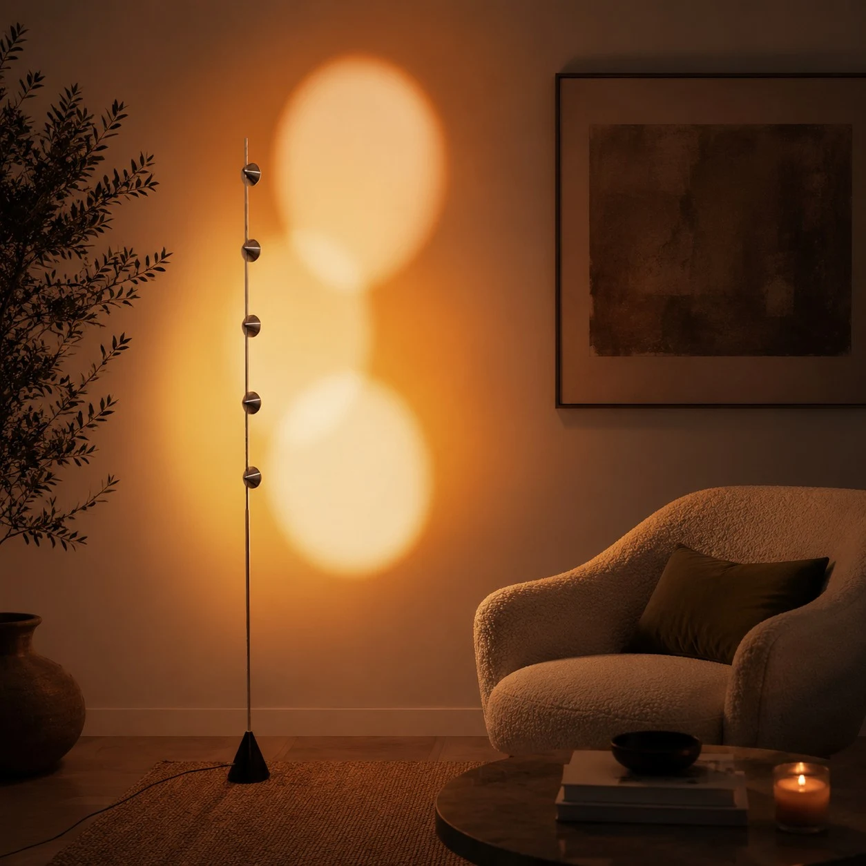 Sunset projection floor lamp beside a lounge chair