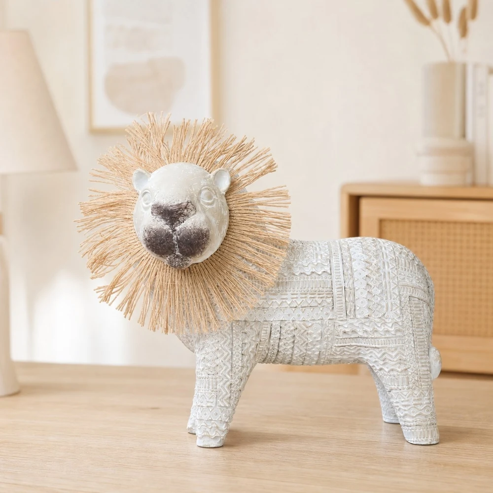 Resin lion ornament styled on a neutral tabletop shelf