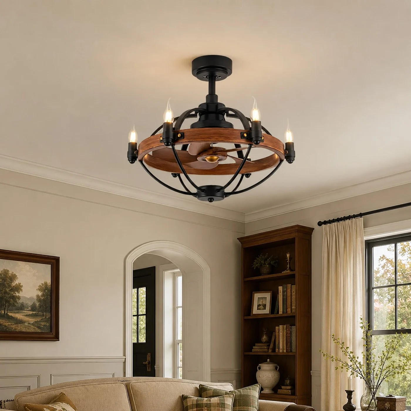 Farmhouse wagon wheel ceiling chandelier shown clearly in a living room