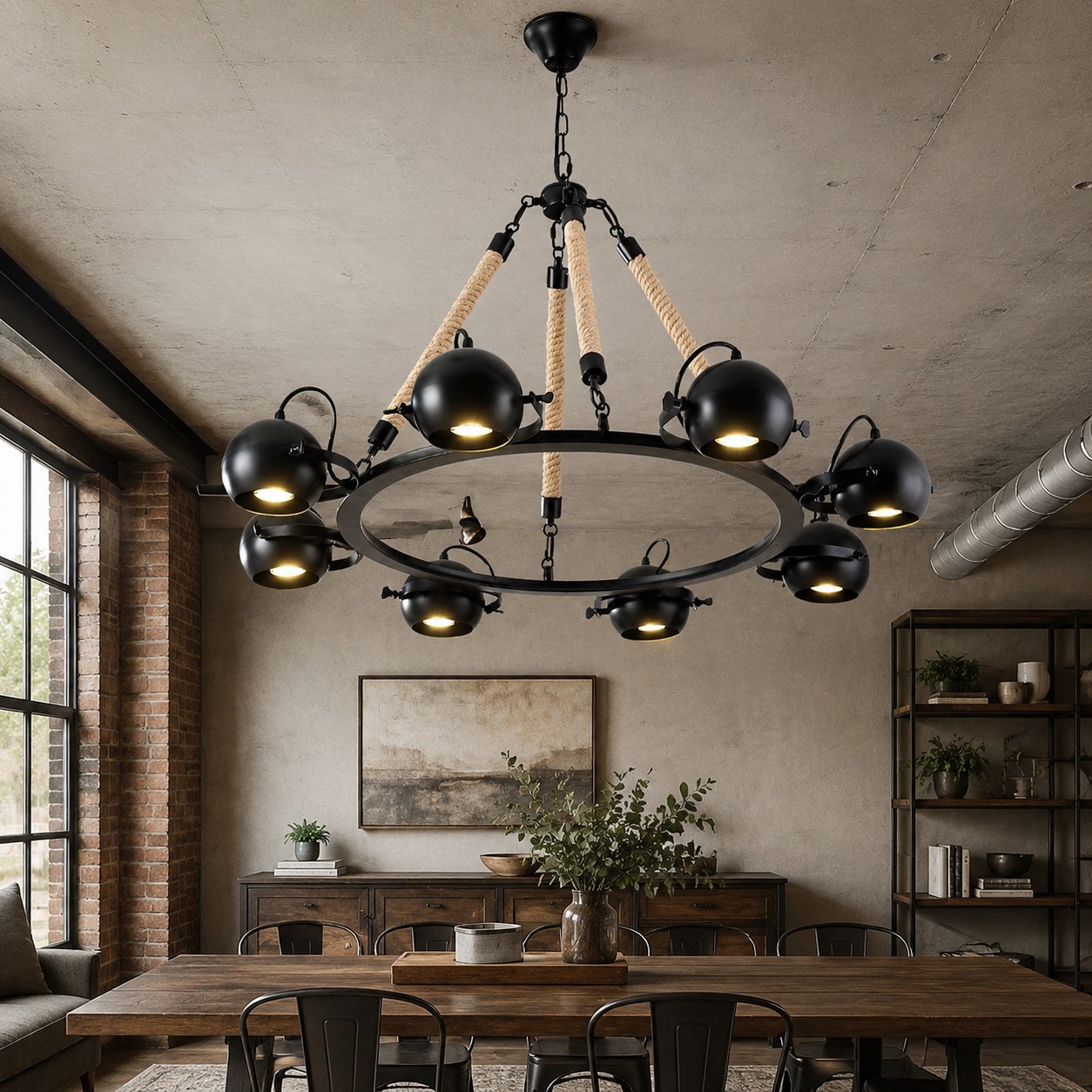 Eight head rope chandelier above a warm dining table in an industrial room