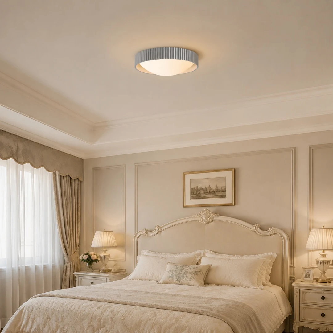 Ribbed flush mount ceiling light installed in a warm bedroom scene