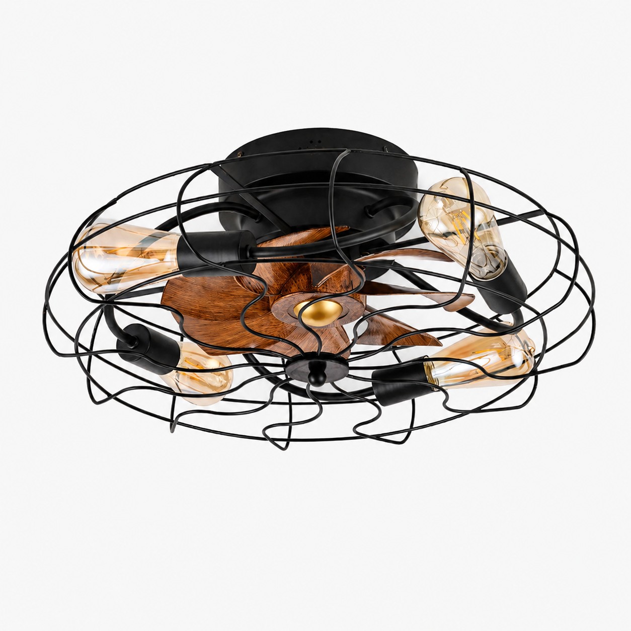Product view of black and wood-grain caged ceiling fan light