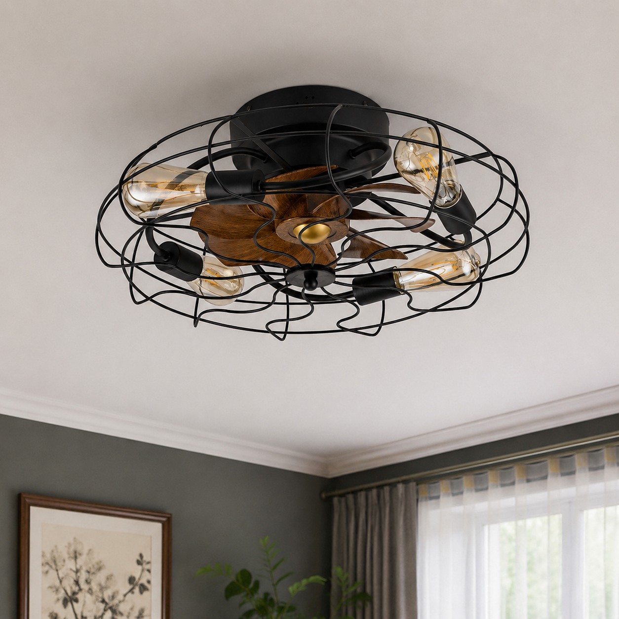 Vintage caged ceiling fan light installed in a room