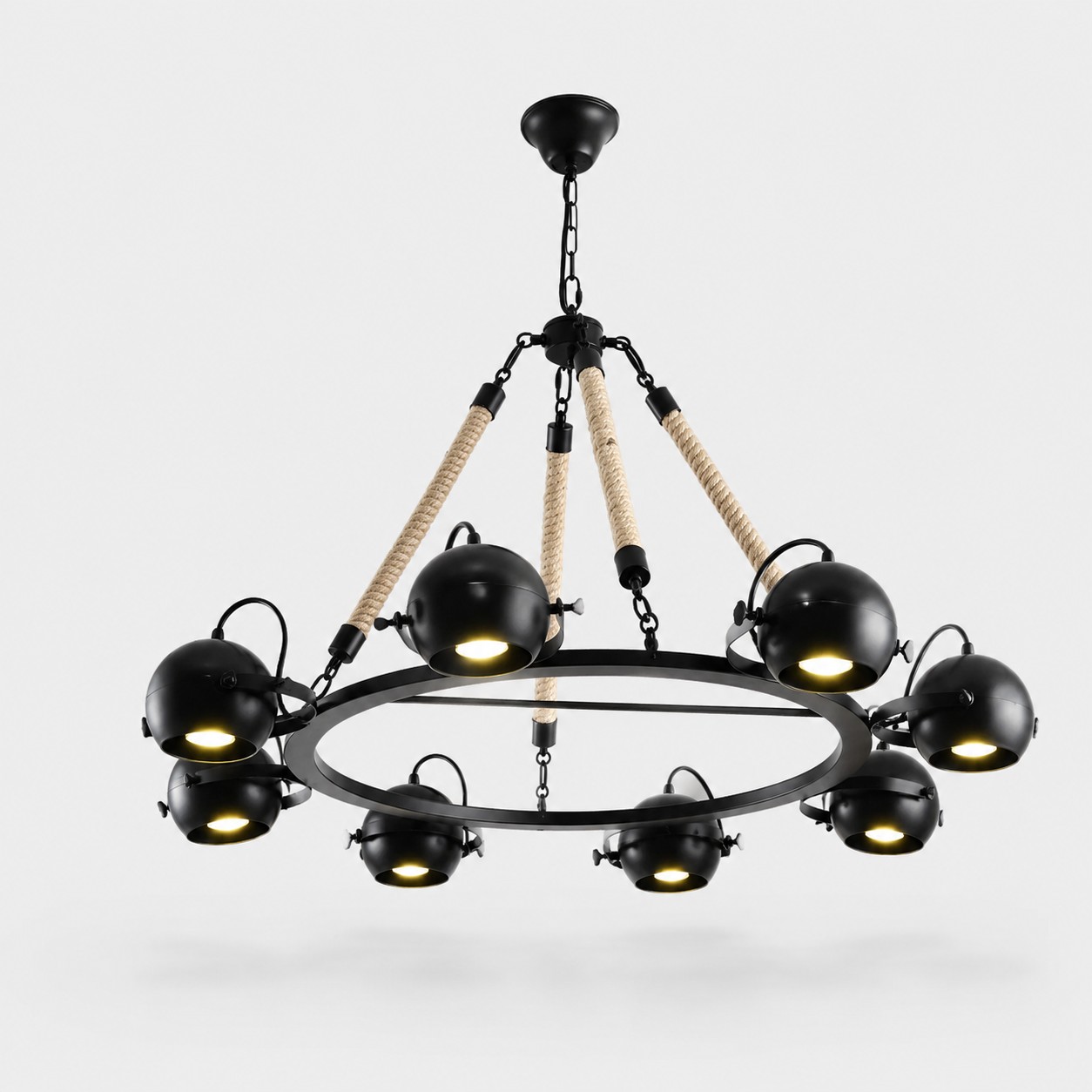 Eight head black rope chandelier product view