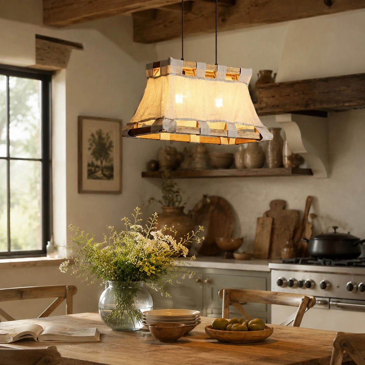 More room views for scale and atmosphere. 1 Wabi-Sabi Wood and Fabric Pendant Lamp