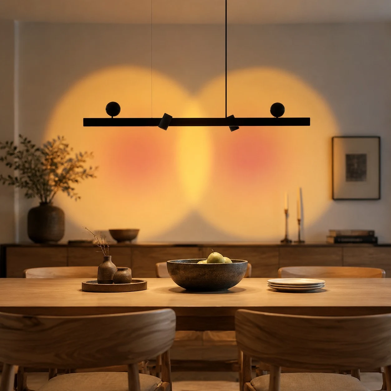 black linear pendant above a dining table with warm wall light