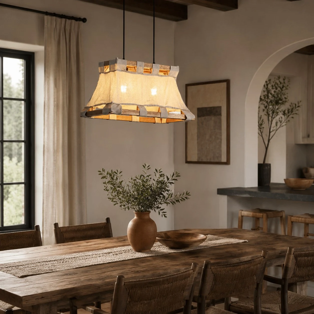 More room views for scale and atmosphere. 6 Wabi-Sabi Wood and Fabric Pendant Lamp