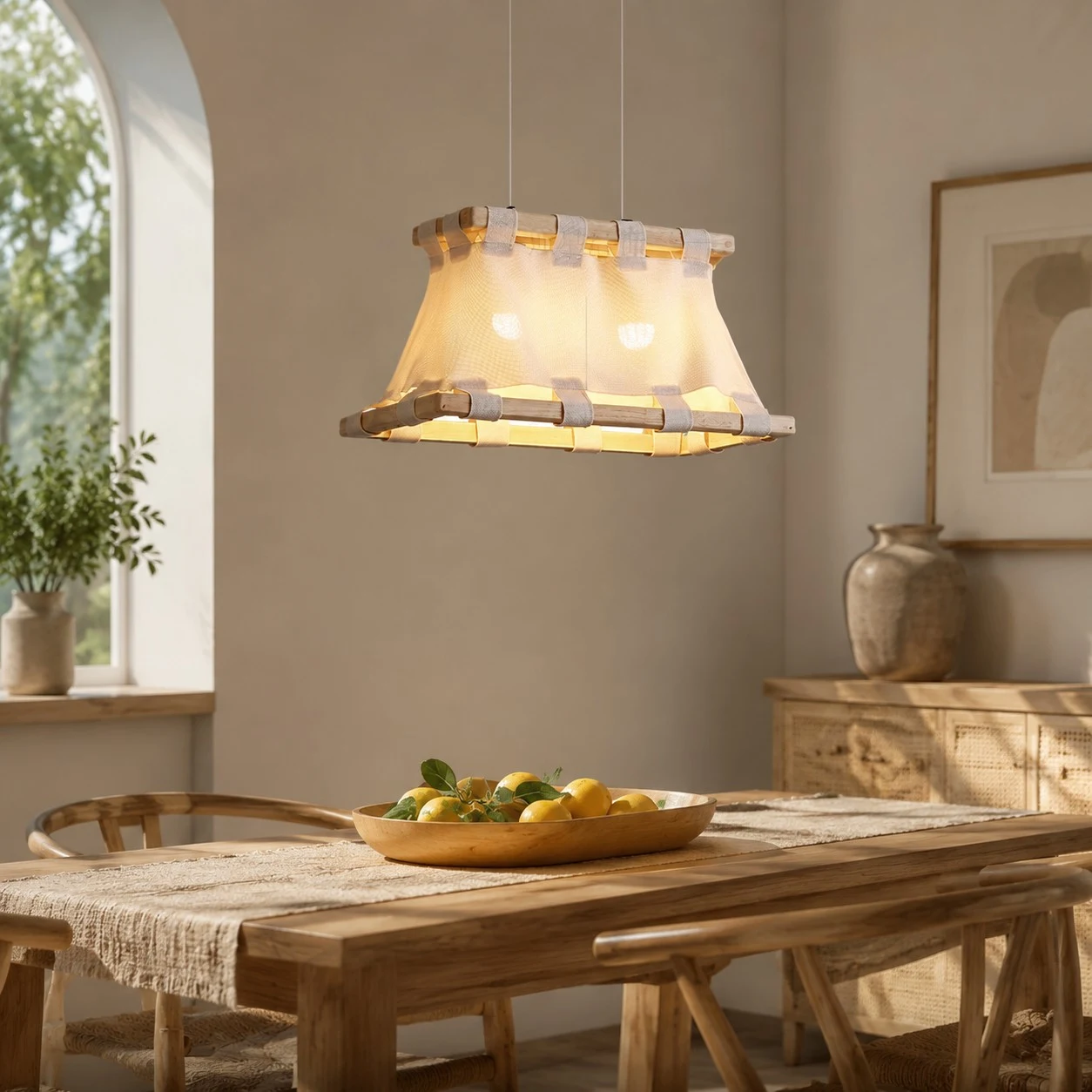 More room views for scale and atmosphere. 4 Wabi-Sabi Wood and Fabric Pendant Lamp