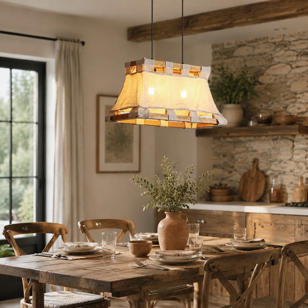 More room views for scale and atmosphere. 3 Wabi-Sabi Wood and Fabric Pendant Lamp