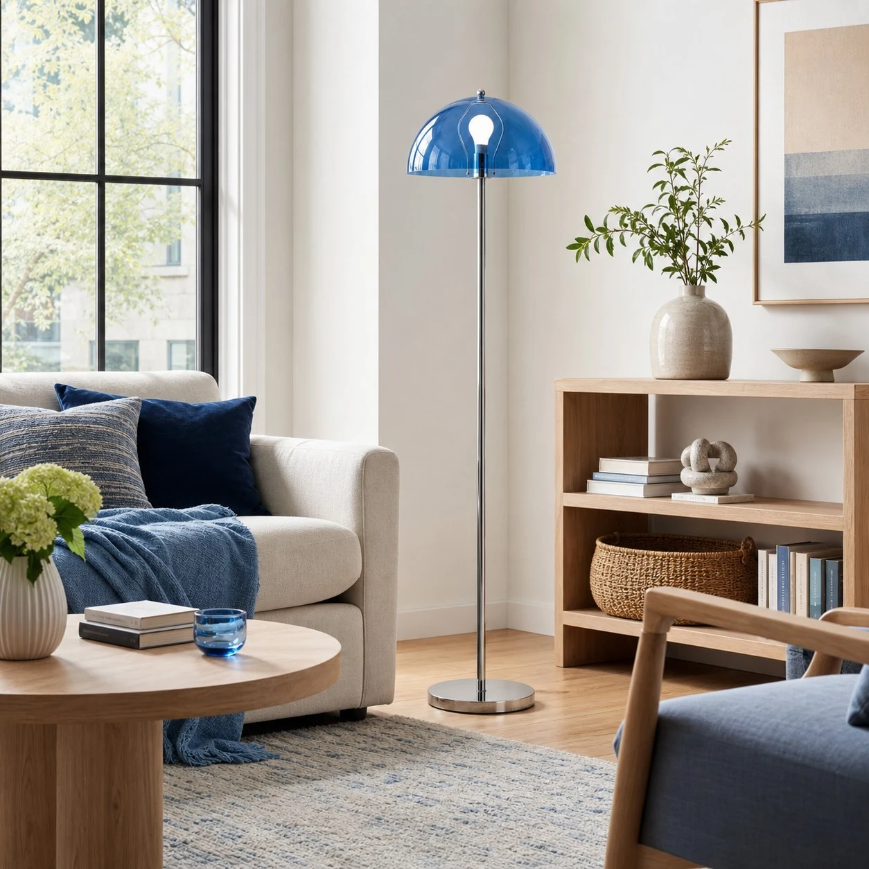 Blue dome floor lamp in a modern living room corner