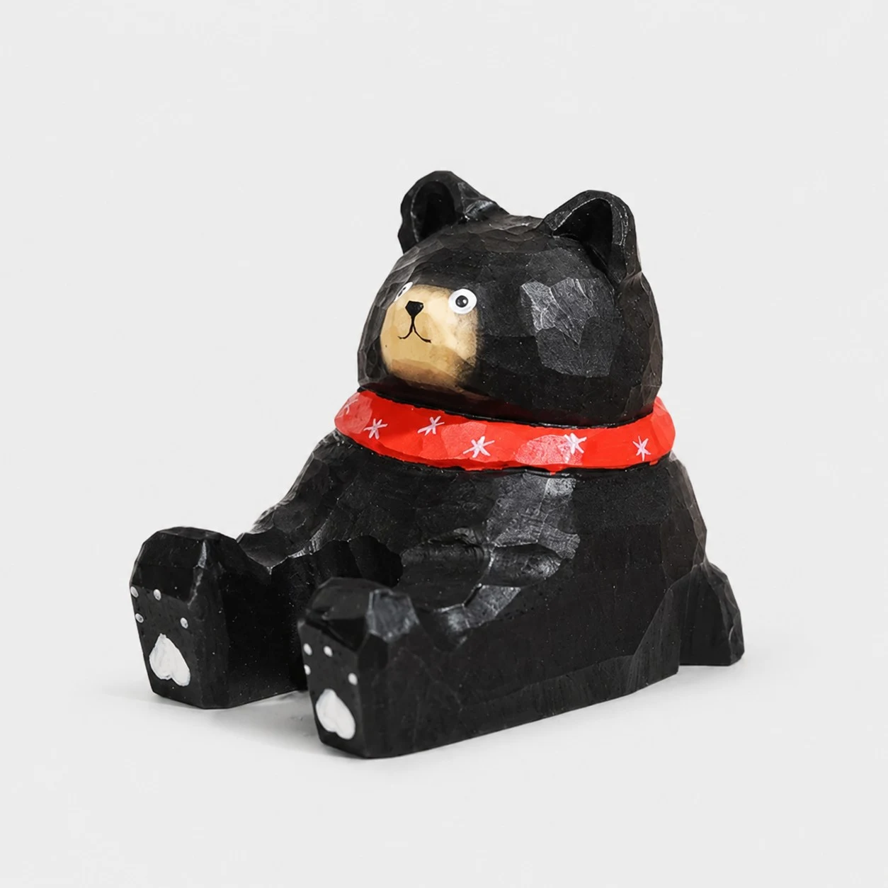Red Scarf Black Bear Hand-Carved Wooden Animal Phone Stand