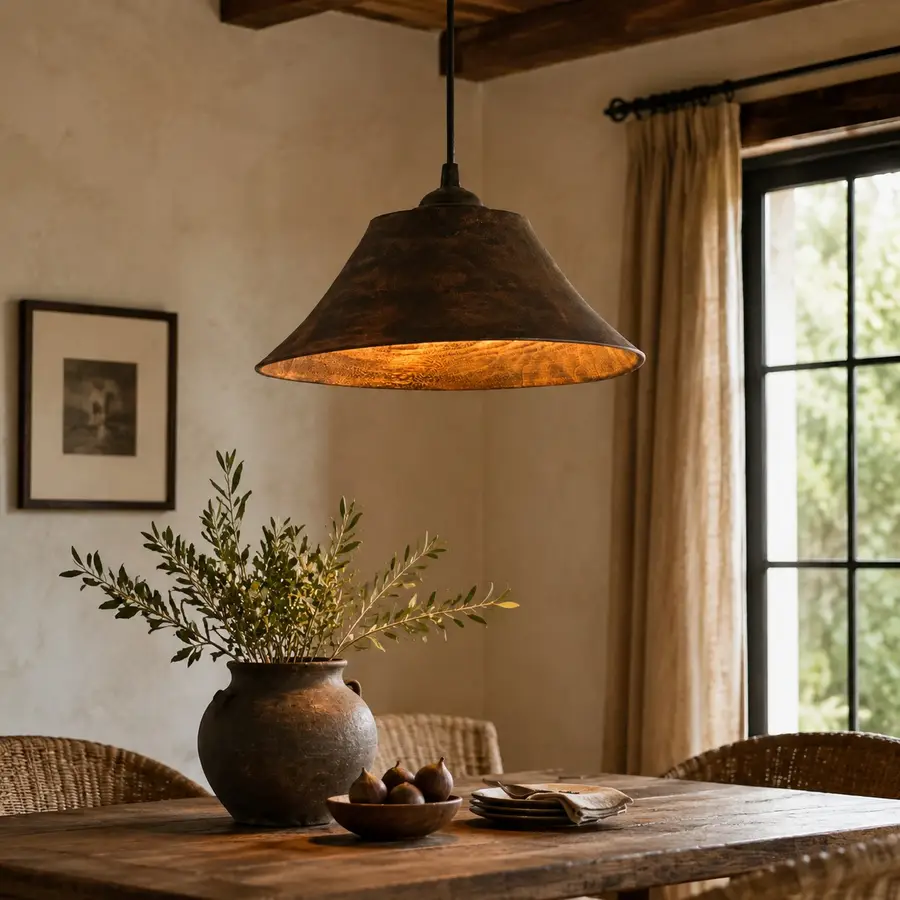 dark wood pendant light styled above a natural dining table