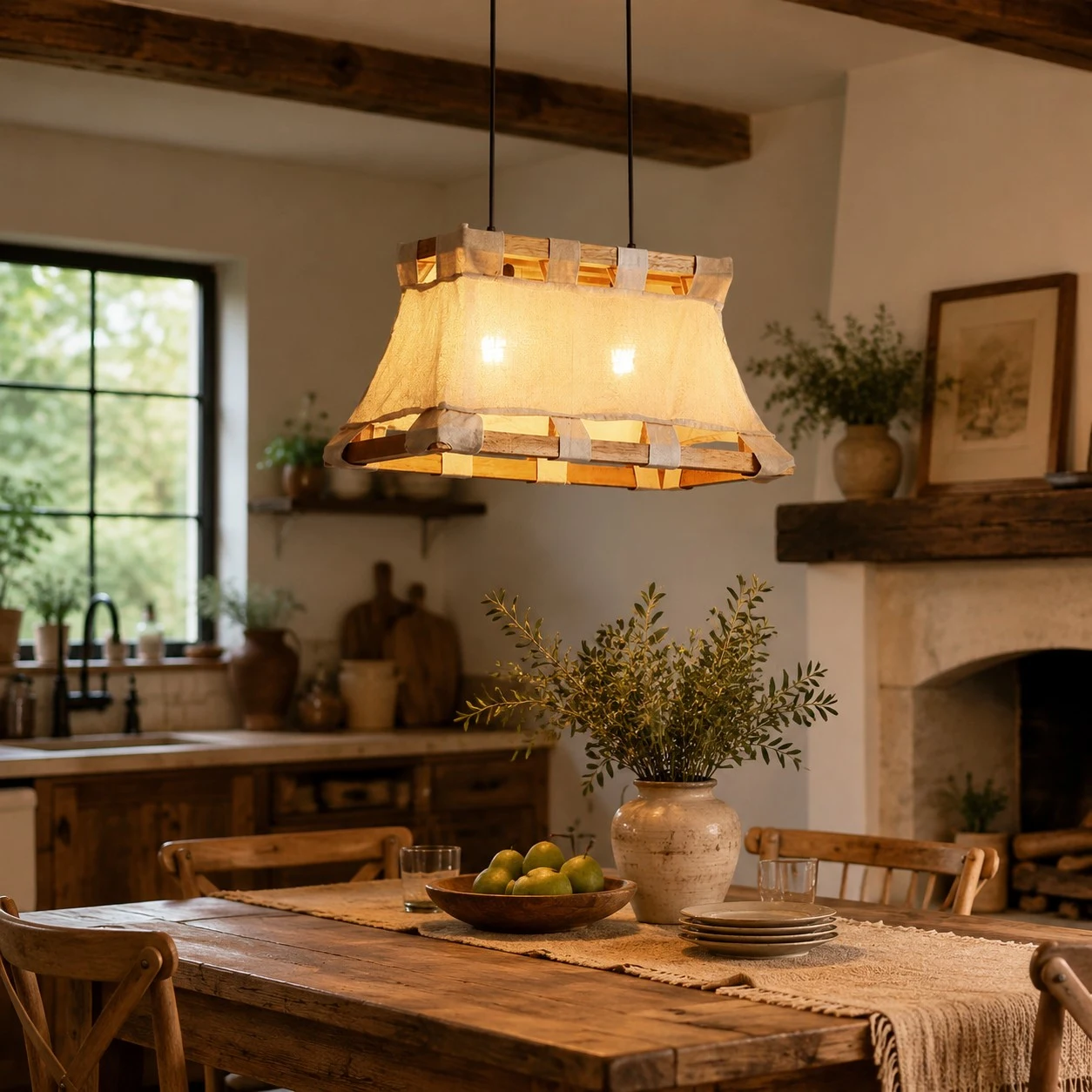 More room views for scale and atmosphere. 2 Wabi-Sabi Wood and Fabric Pendant Lamp
