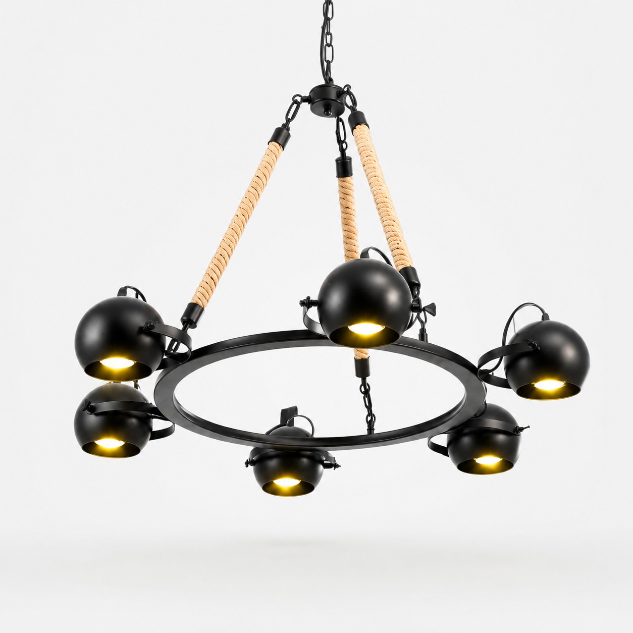 Six head black rope chandelier in dining room