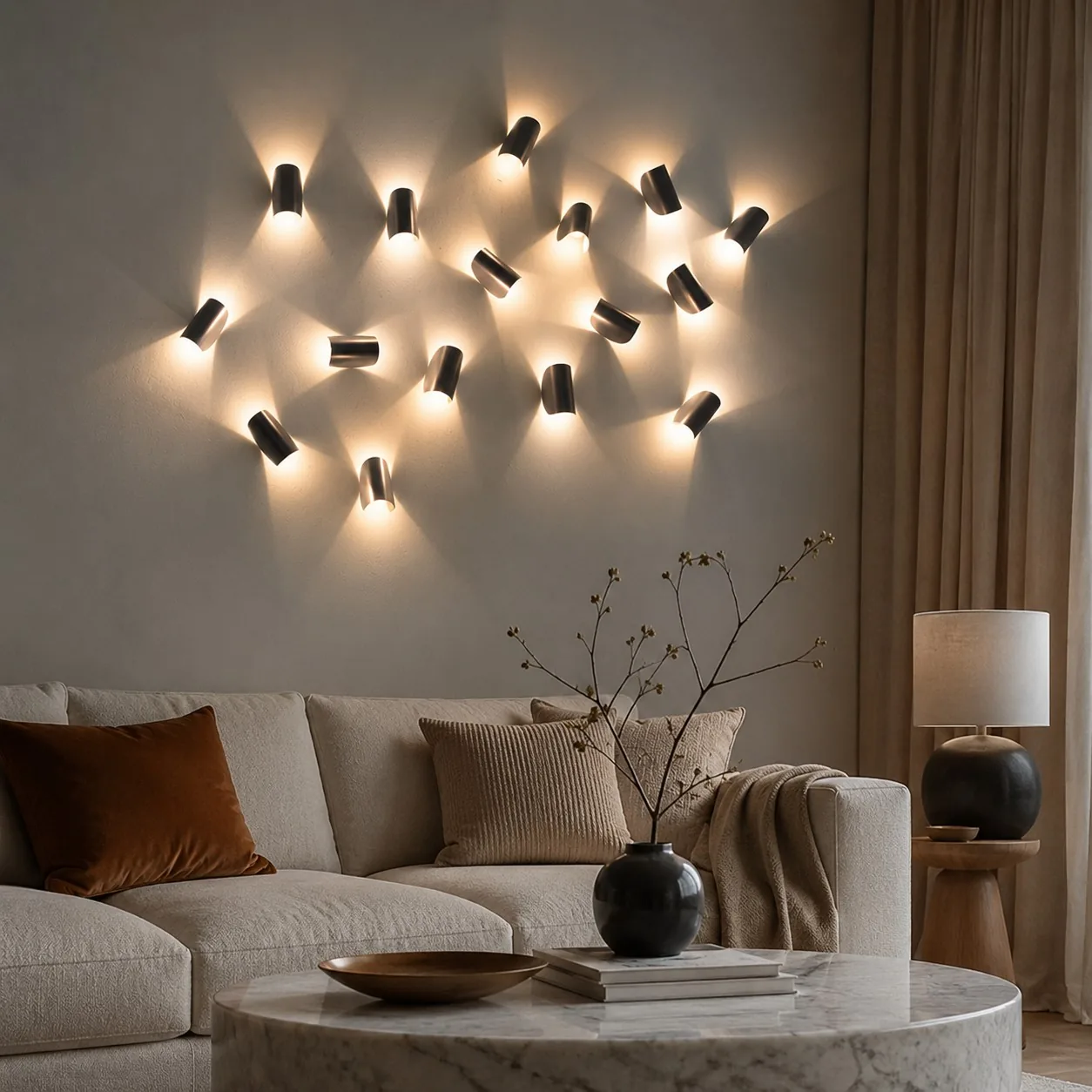 Black Polaris wall lights in a living room