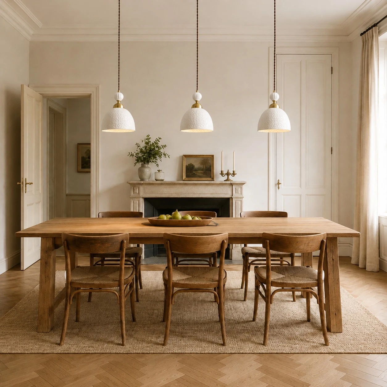 Three pendants above a dining table