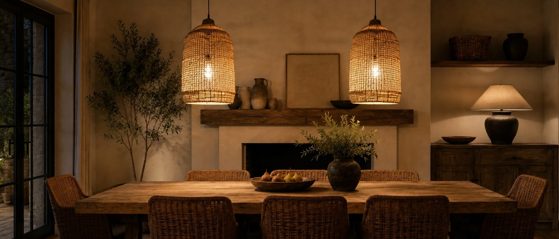 Rattan pendant lights switched on