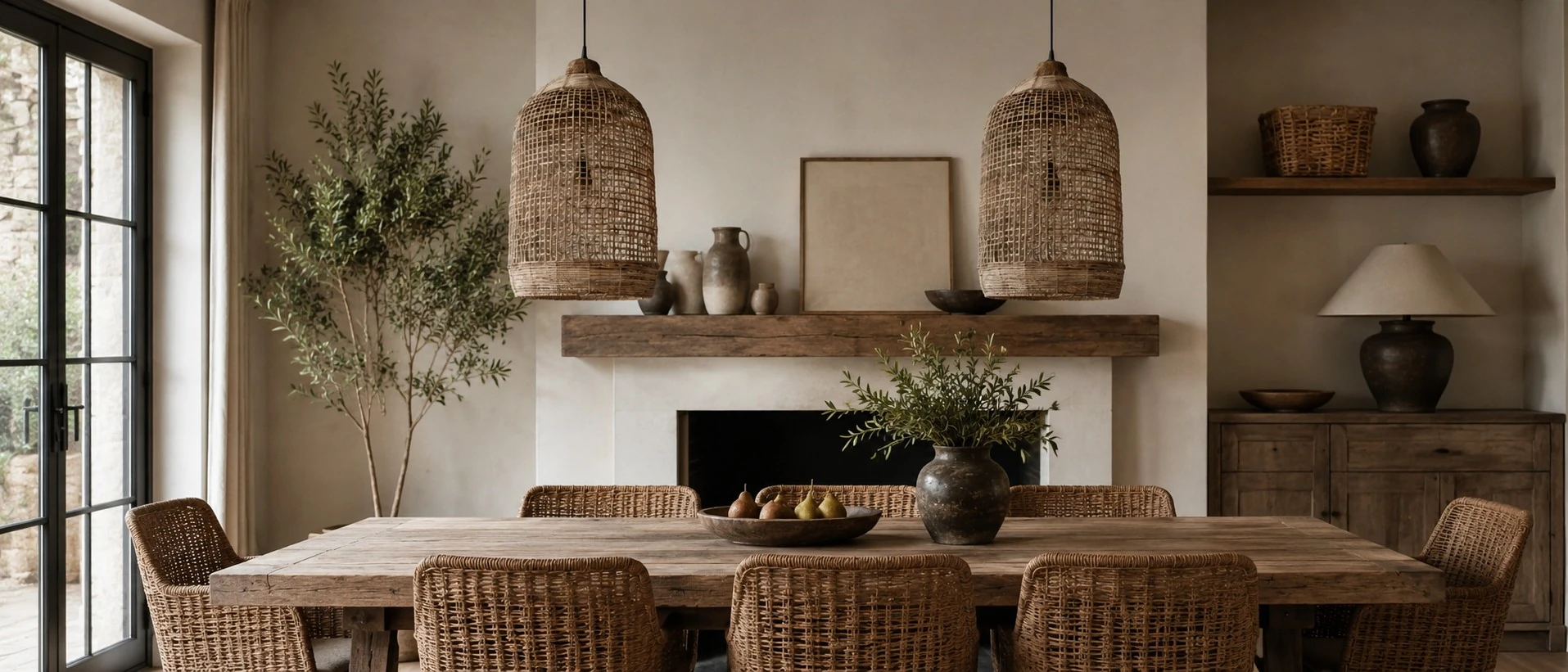 Rattan pendant lights switched off