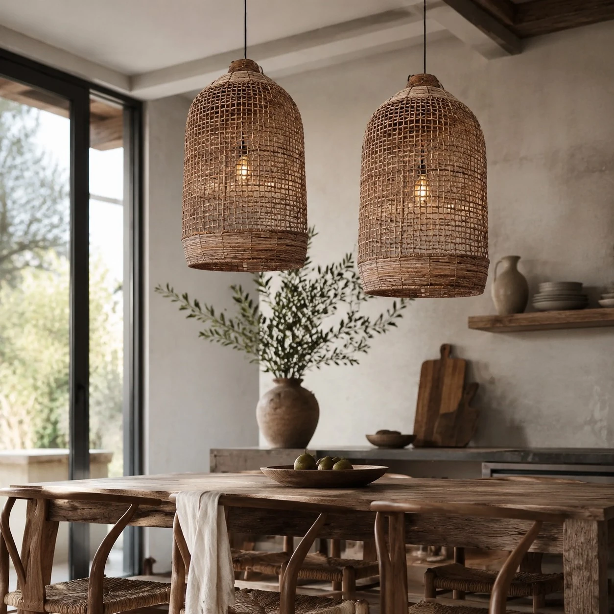 Rattan pendant lights above a dining table