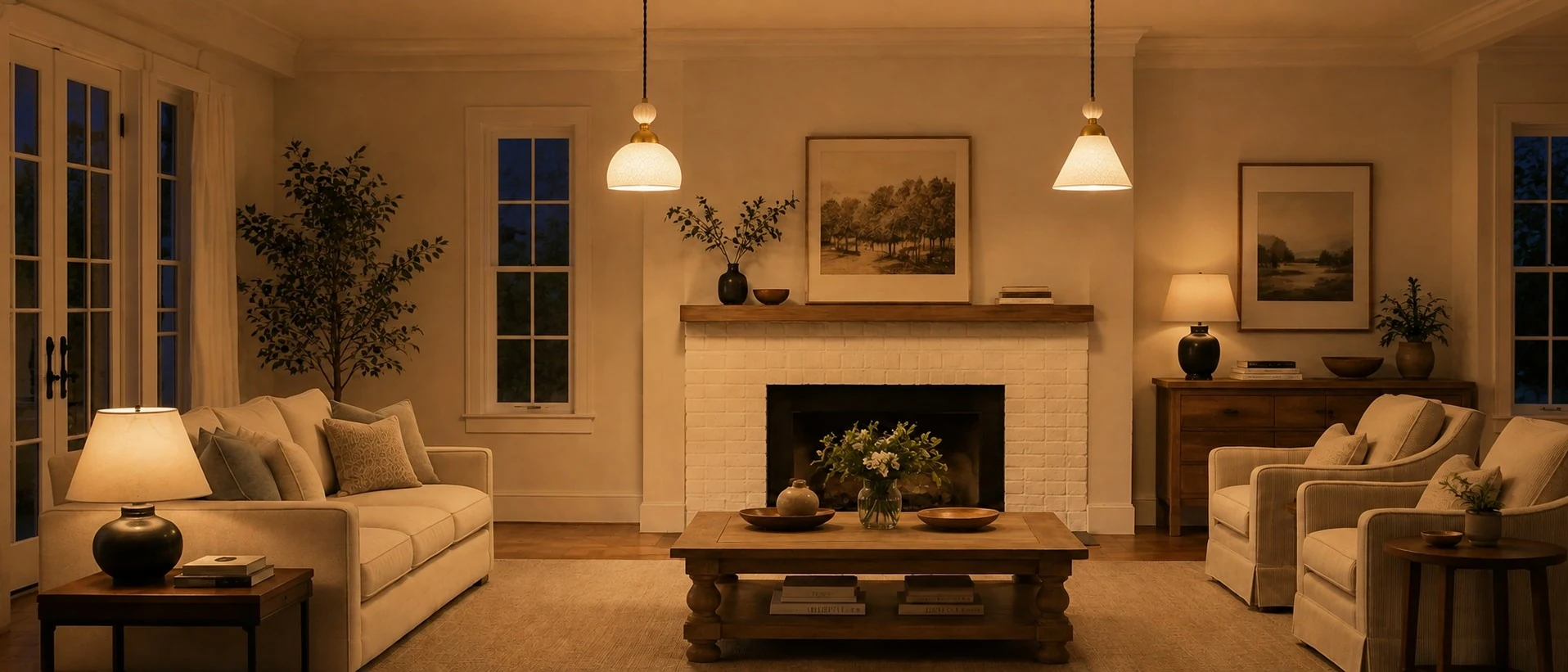 Pendant lights switched on at night