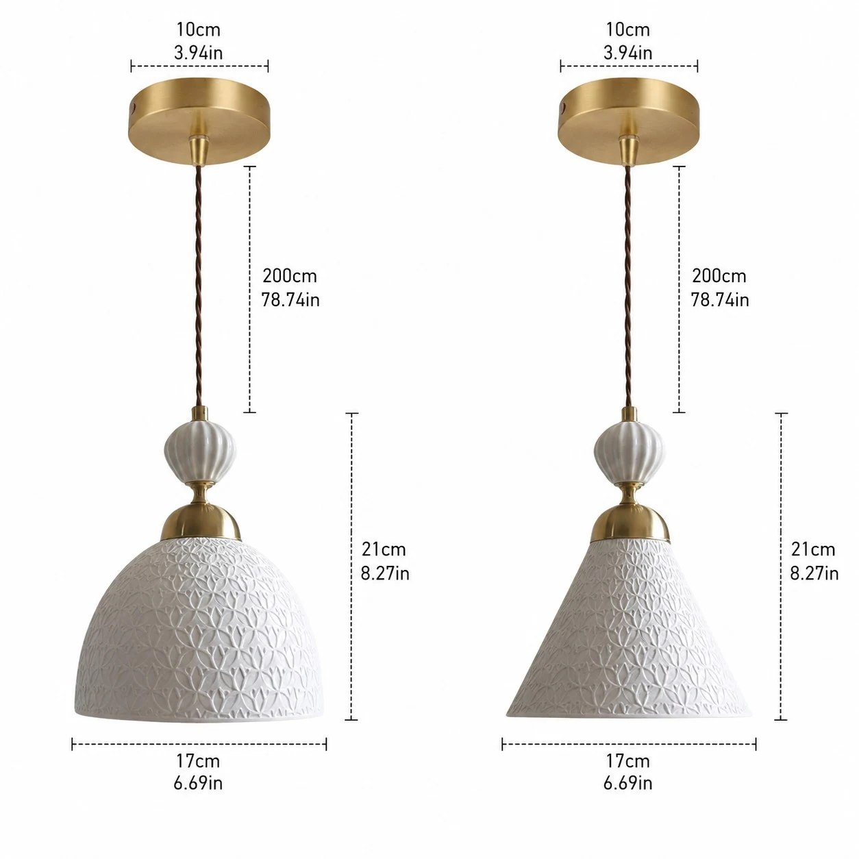 Dimensions for both pendant shade styles
