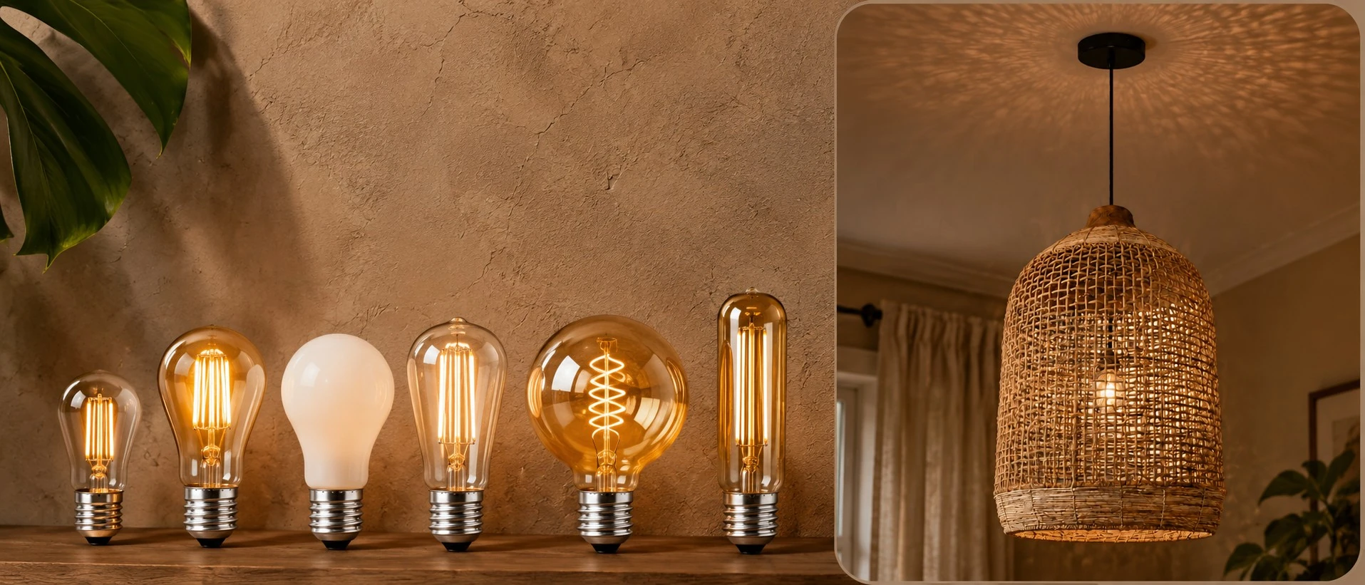 E27 bulbs shown beside the rattan pendant for socket reference