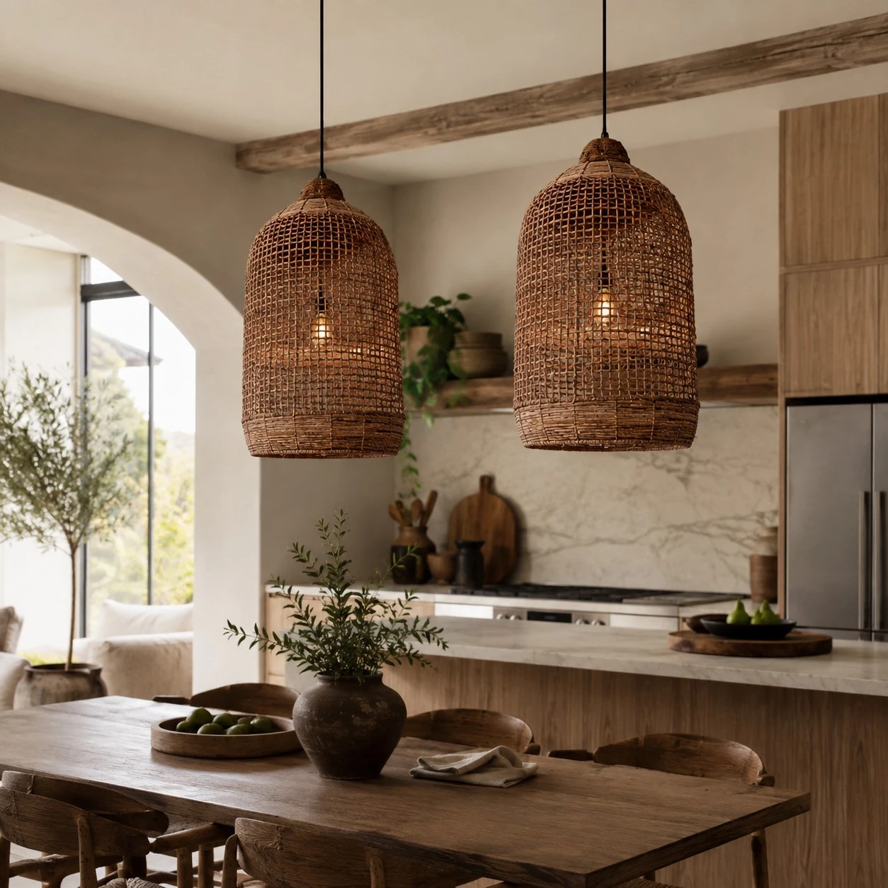 Rattan pendant lights in a kitchen