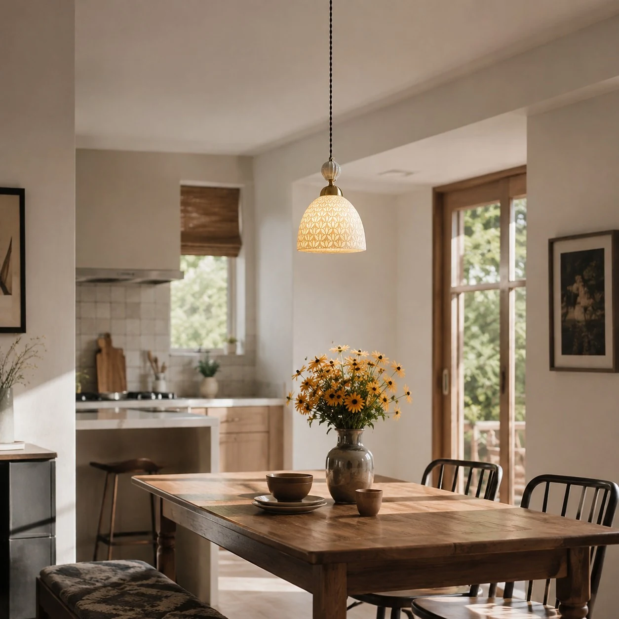 Pendant glowing above a dining table
