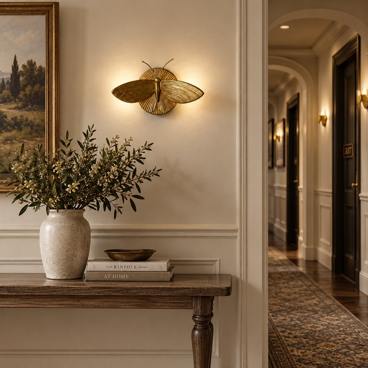 Moth sconce in a hallway