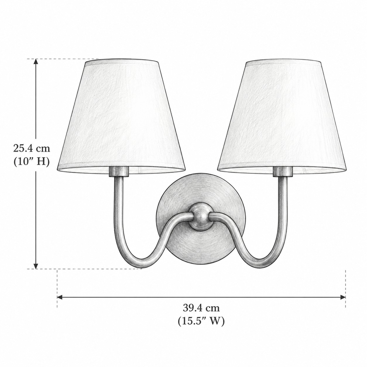Dimension drawing of the 2-light Tansy sconce, 15.5 inches wide and 10 inches high