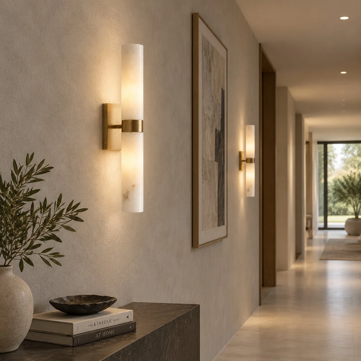 Marcellus wall sconces repeated along a long wall