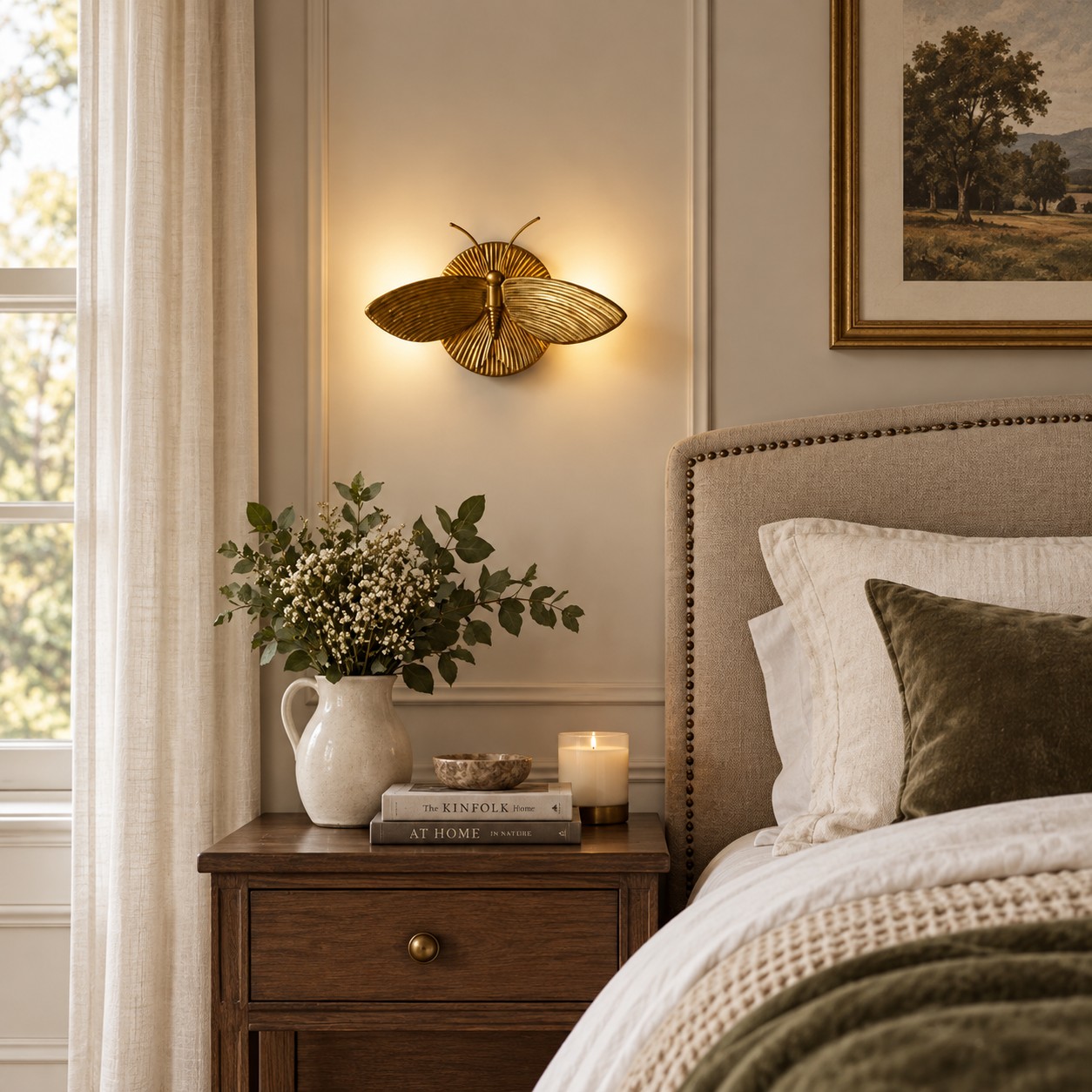 Moth sconce used as bedside lighting