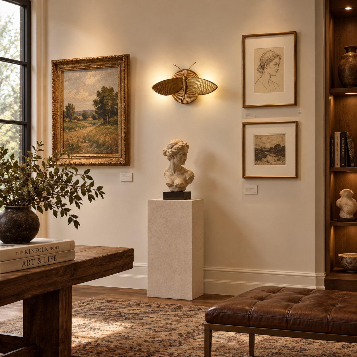 Moth sconce on a living-room gallery wall