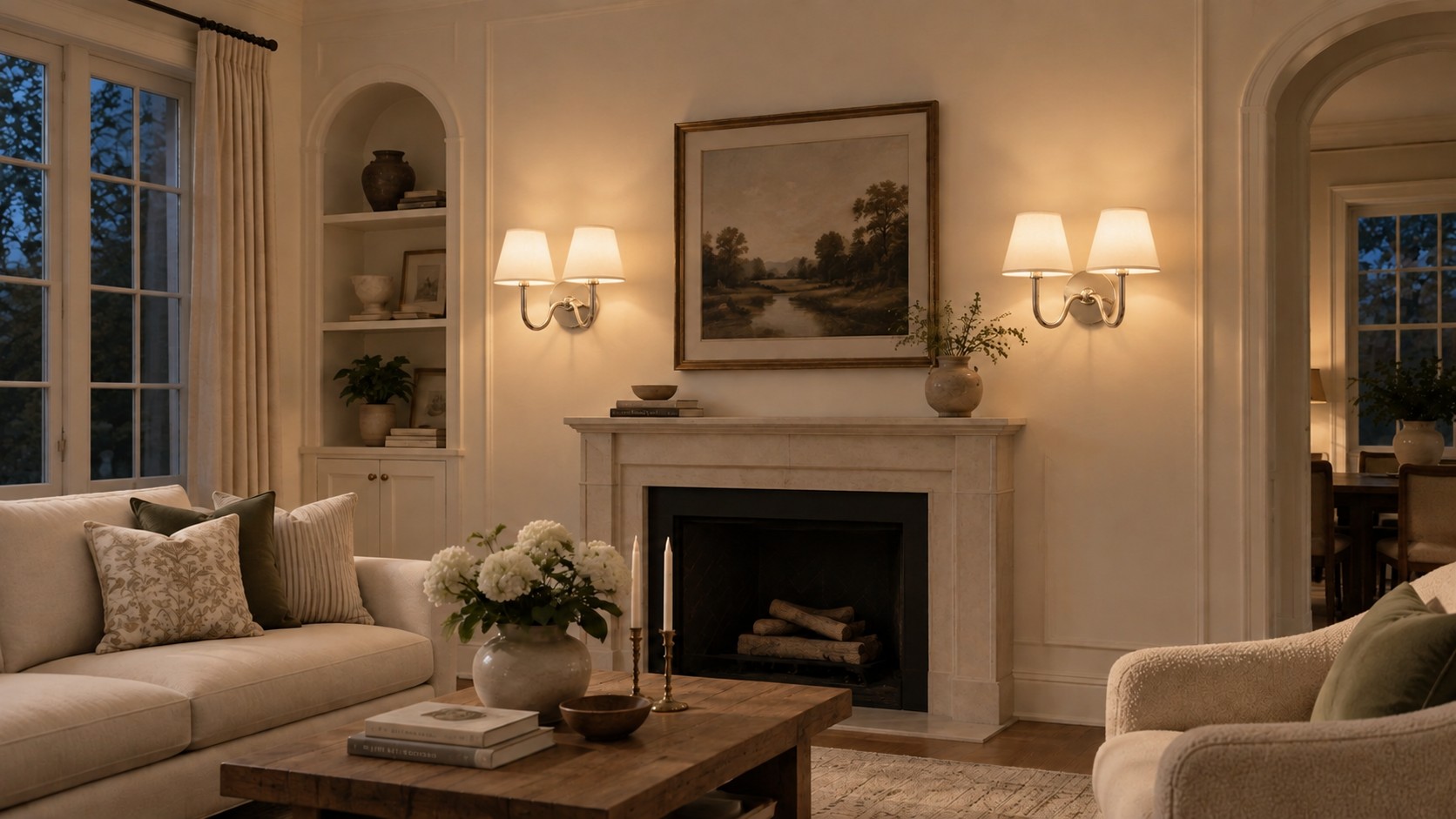 Evening living room with a pair of Tansy two-light sconces glowing beside the fireplace