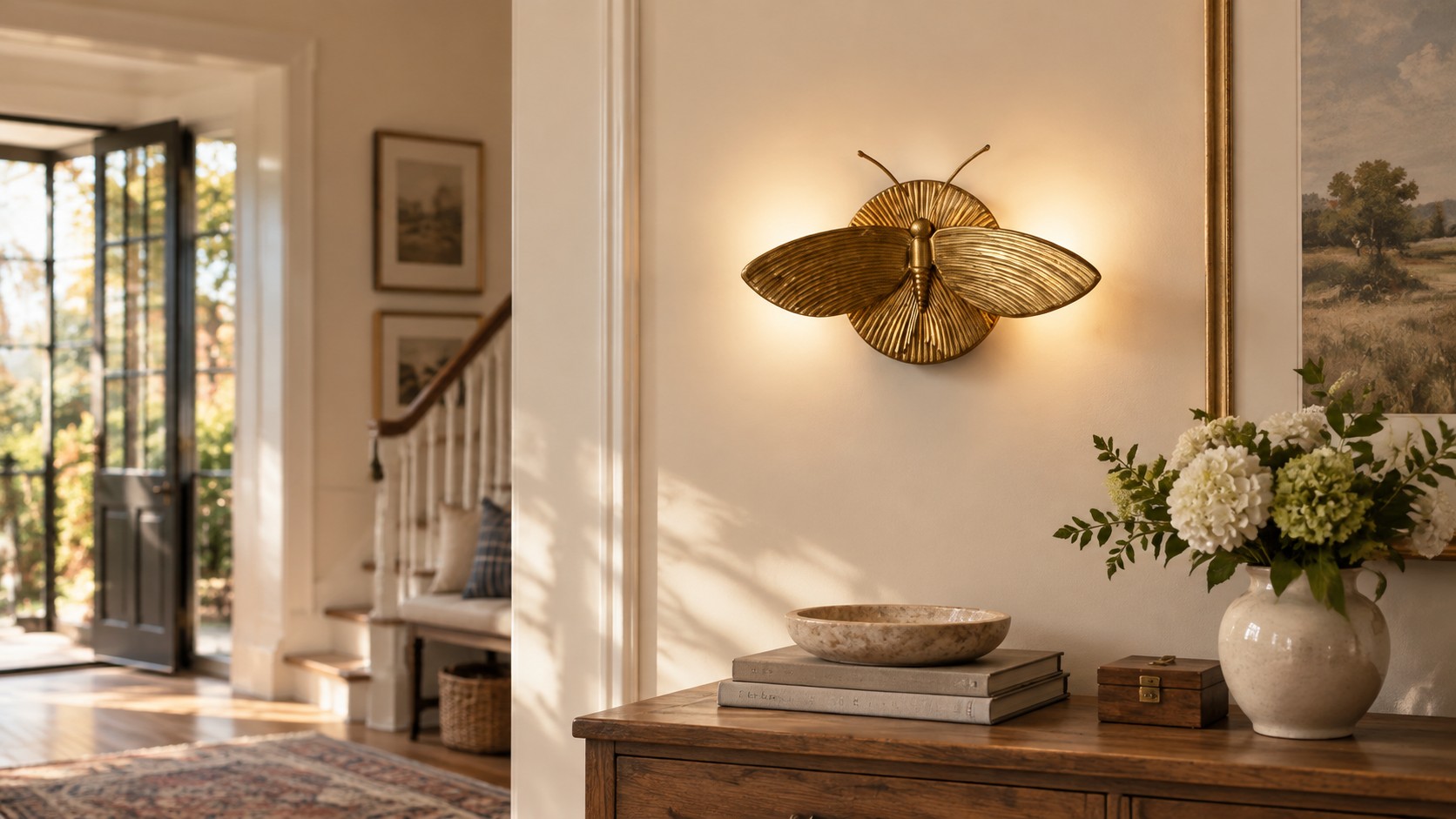 Marlow moth wall sconce above a wood console in a sunlit entry