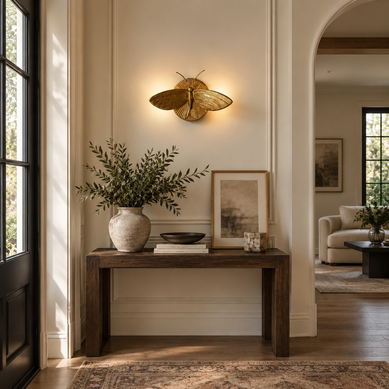 Moth sconce above an entry console